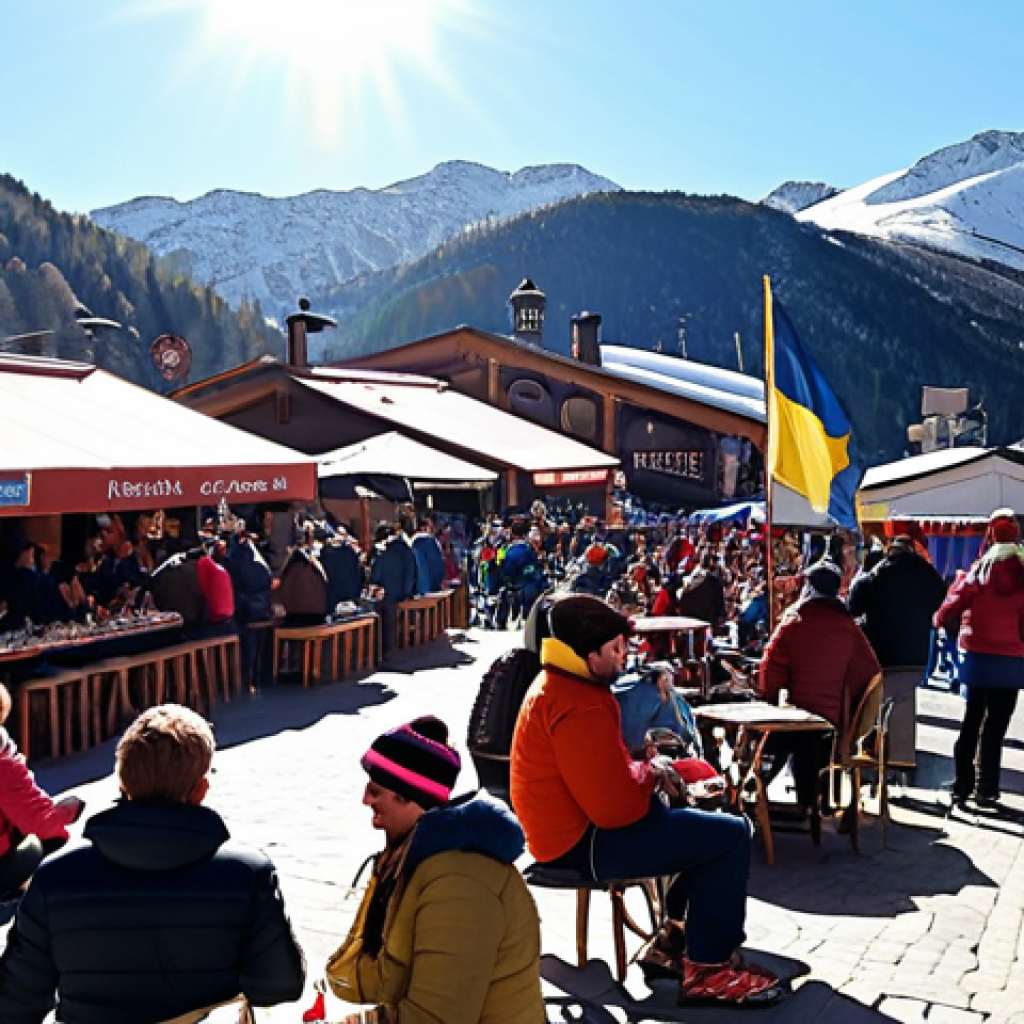 A vibrant après-ski scene in Grandvalira, Andorra. Picture a sunny terrace filled with people in ski gear, enjoying drinks and listening to live music. Capture the joyful atmosphere and stunning mountain backdrop. Consider including details like Swedish beer brands (e.g., Norrlands Guld) on the tables and Swedish flags subtly incorporated in the scene.