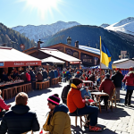 A vibrant après-ski scene in Grandvalira, Andorra. Picture a sunny terrace filled with people in ski gear, enjoying drinks and listening to live music. Capture the joyful atmosphere and stunning mountain backdrop. Consider including details like Swedish beer brands (e.g., Norrlands Guld) on the tables and Swedish flags subtly incorporated in the scene.