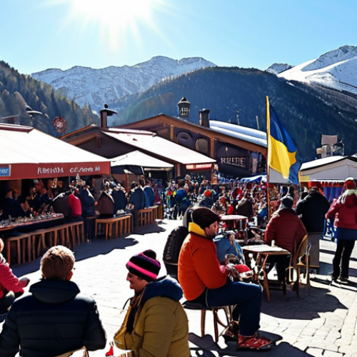 A vibrant après-ski scene in Grandvalira, Andorra. Picture a sunny terrace filled with people in ski gear, enjoying drinks and listening to live music. Capture the joyful atmosphere and stunning mountain backdrop. Consider including details like Swedish beer brands (e.g., Norrlands Guld) on the tables and Swedish flags subtly incorporated in the scene.