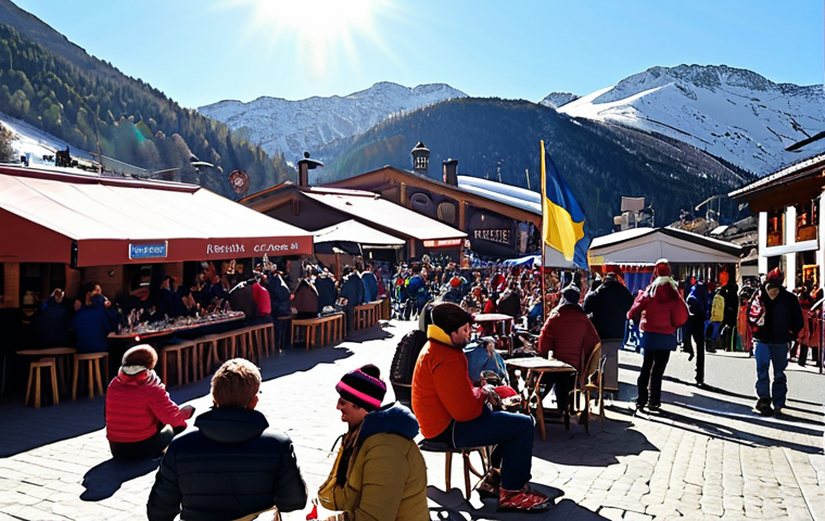 A vibrant après-ski scene in Grandvalira, Andorra. Picture a sunny terrace filled with people in ski gear, enjoying drinks and listening to live music. Capture the joyful atmosphere and stunning mountain backdrop. Consider including details like Swedish beer brands (e.g., Norrlands Guld) on the tables and Swedish flags subtly incorporated in the scene.