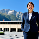 **

A professional businesswoman in a tailored, modest business suit, standing confidently in front of the Government building in Andorra la Vella. The backdrop features clear blue skies and the Pyrenees mountains. Fully clothed, appropriate attire, safe for work, perfect anatomy, natural proportions, professional photography, high quality, family-friendly.

**