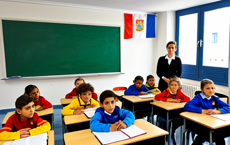안도라 교육 시스템 - School Choice**
"A bright and modern classroom in Andorra, with children of diverse backgrounds, fu...
